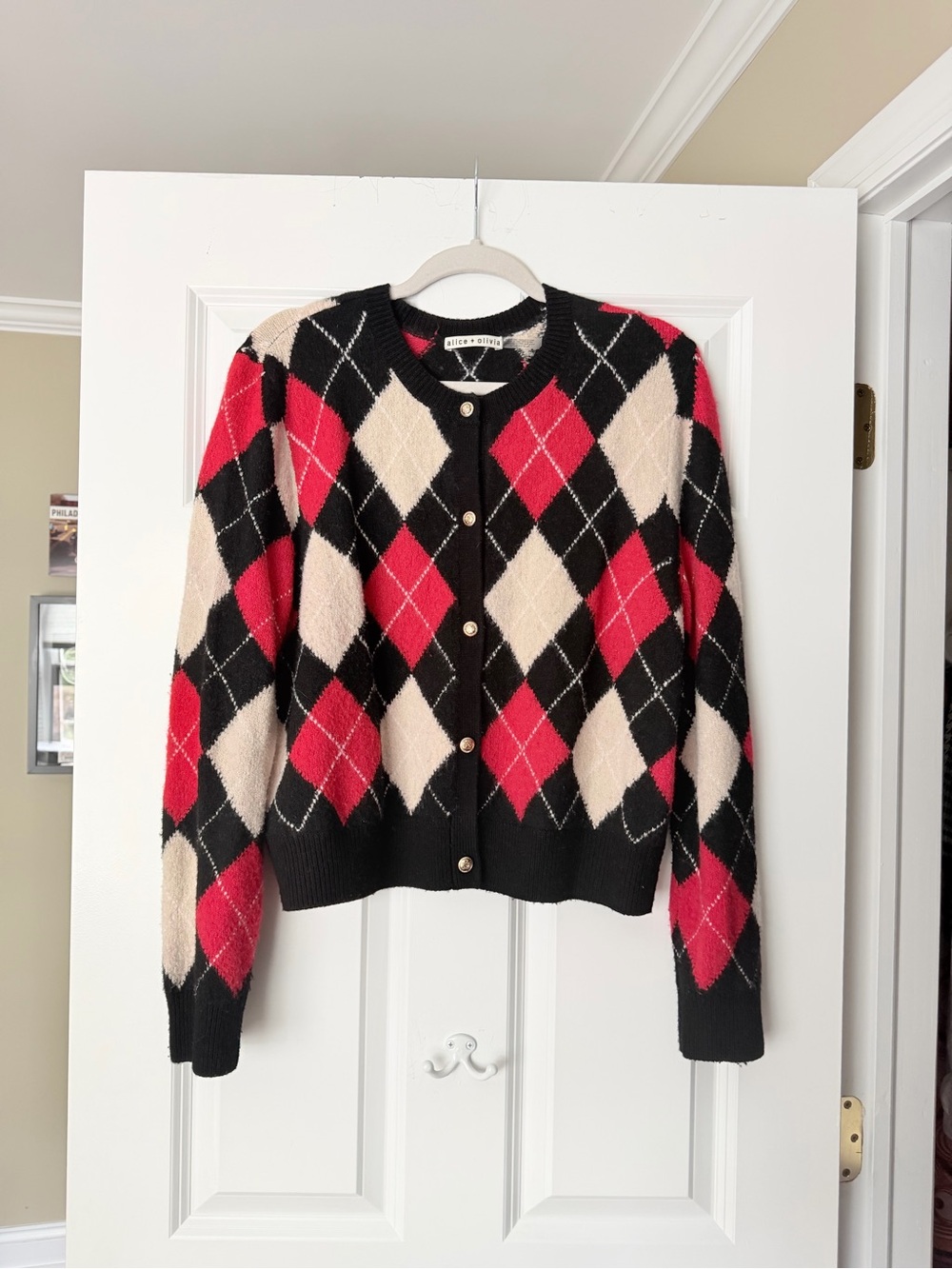 Alice and Olivia Red Black Cream Argyle Button-Front sweater cardigan